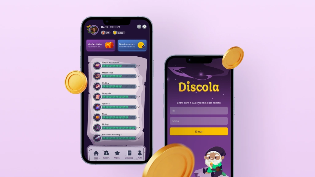 Aplicativo Discola com telas de aprendizagem gamificada em dispositivos móveis