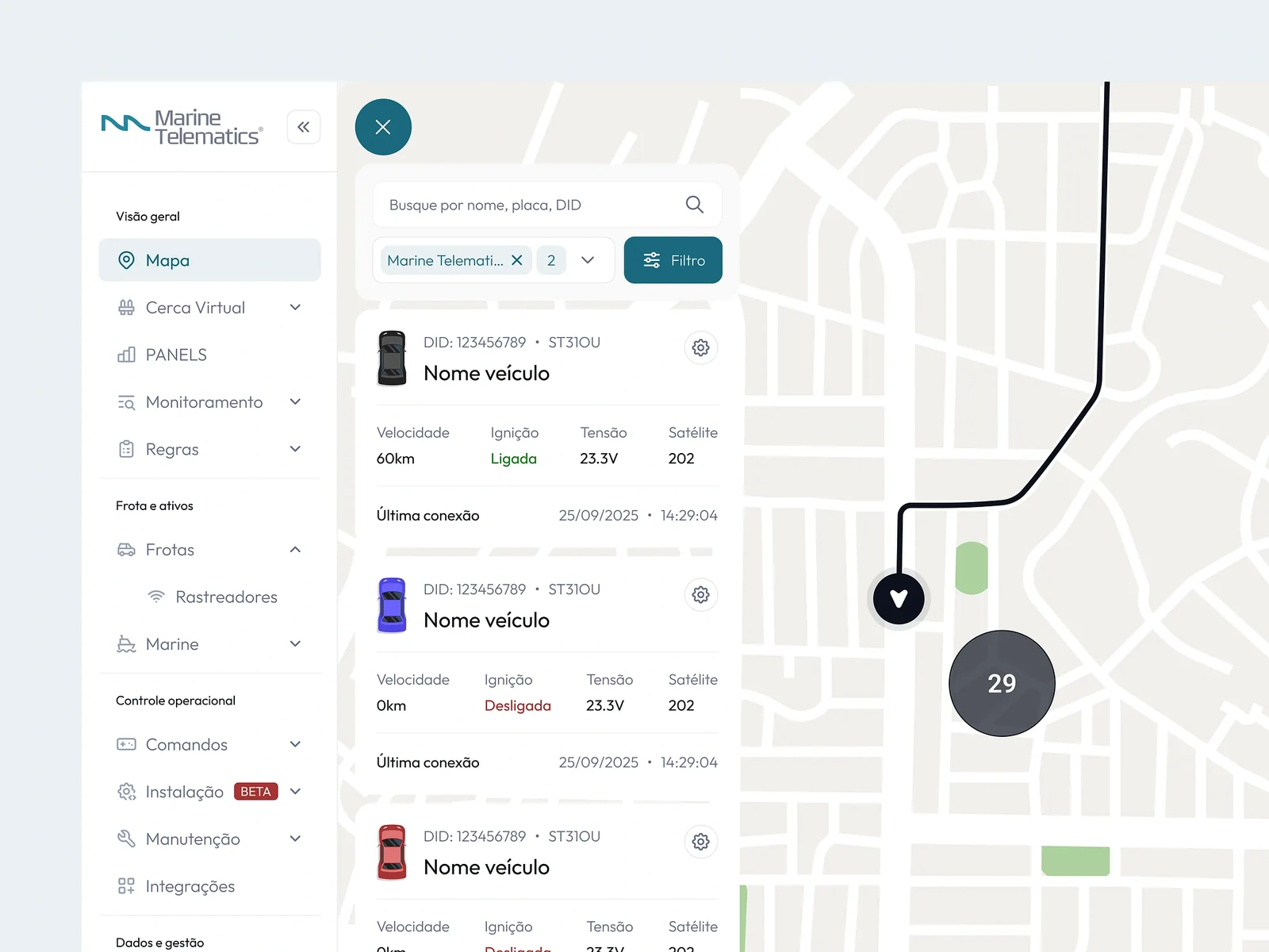 Mapa e painel de operações da plataforma Marine Telematics