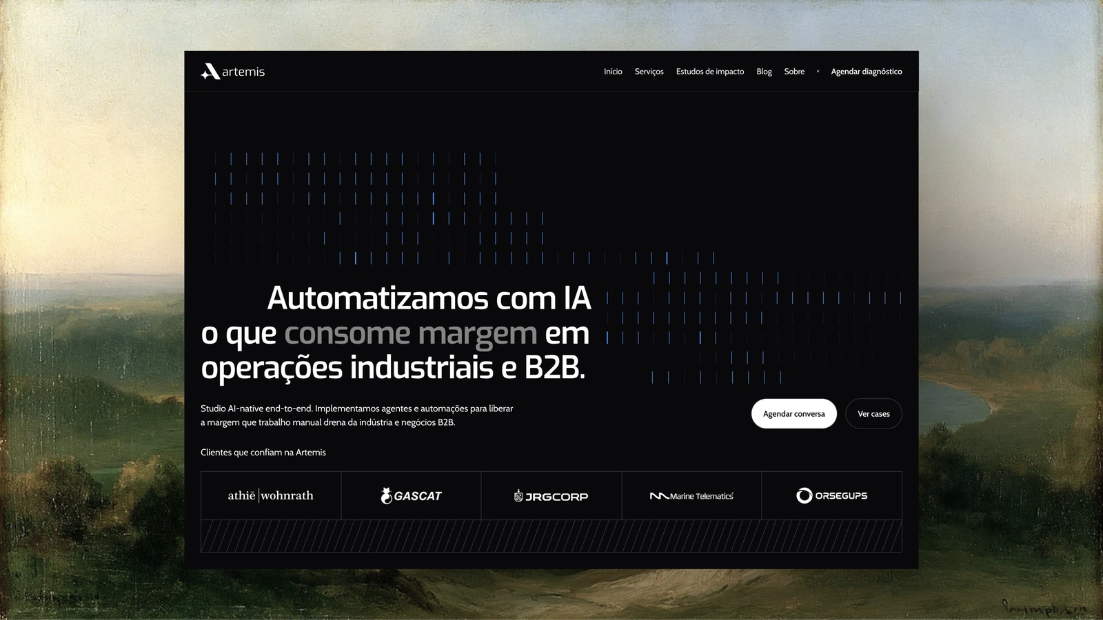 Página inicial do site da Studio Artemis, com identidade visual escura e tecnológica